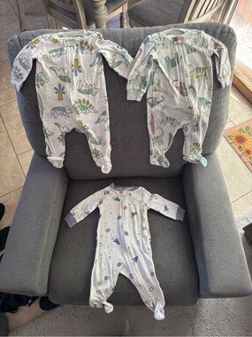 Carter's Gray Dinosaur/Sapce Print Footed One-Pieces - Set of 3